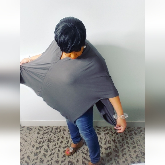 Zenana Charcoal Gray Oversized V-Neck Poncho Tunic | Flowy Stretch Top S–3X - Picture 2 of 3